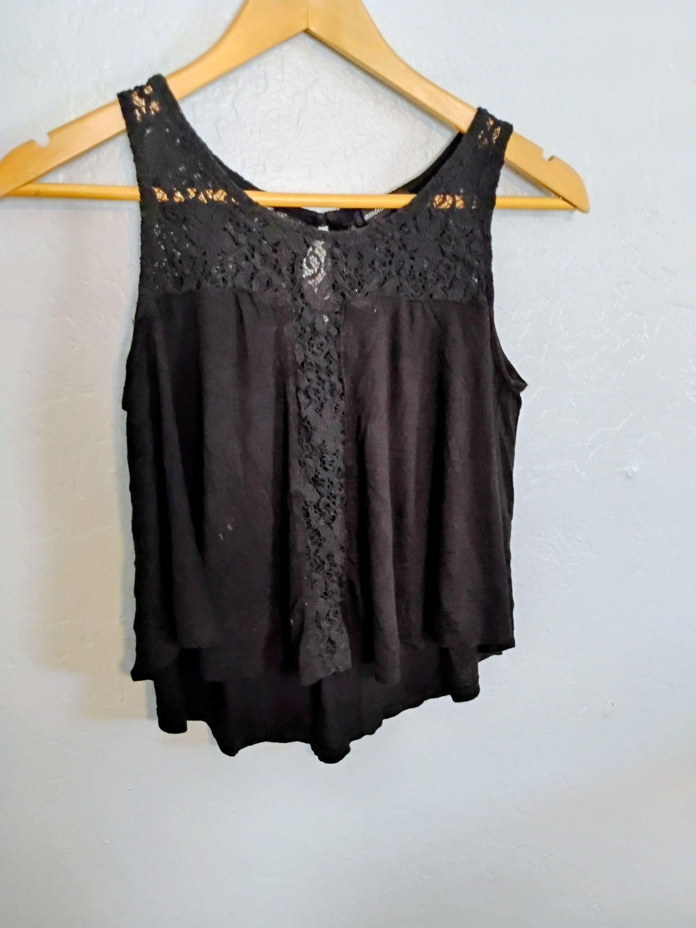 Ambiance Women's Black Lace Yoke Scoop Neck Tank Top Wide Strap Size S
